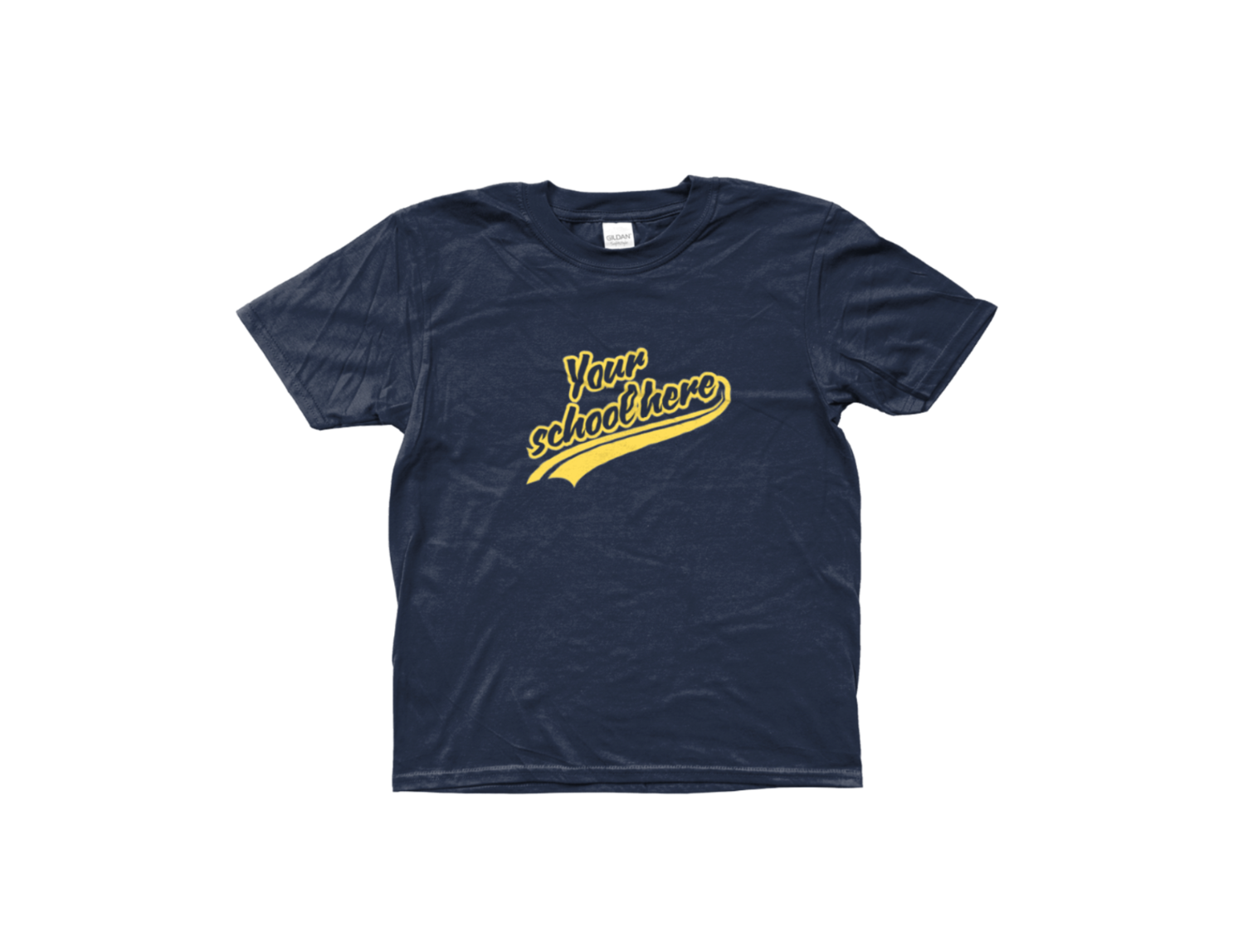 Navy blue t-shirt with yellow text 'Your school here' on a navy background