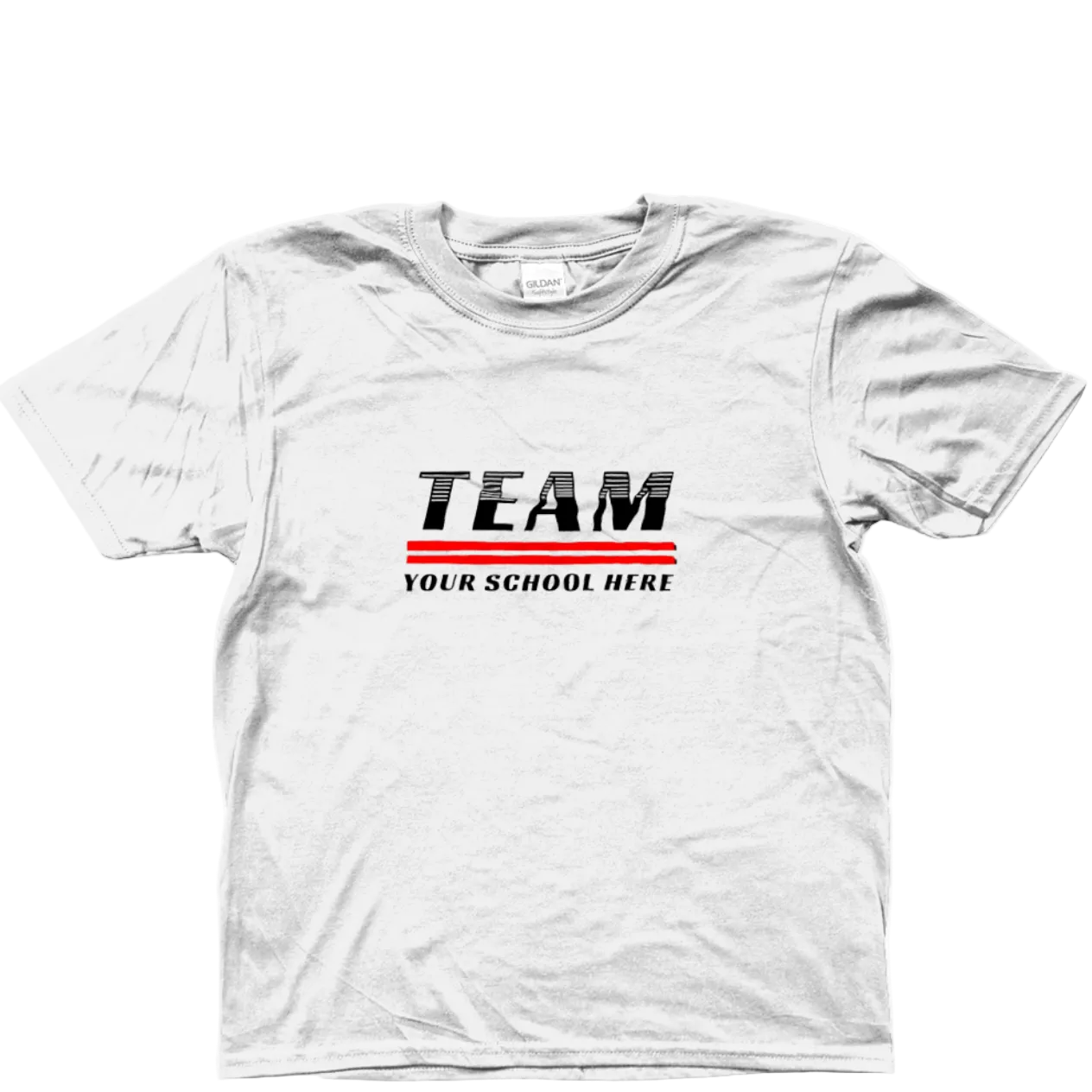 White t-shirt with 'TEAM' text and customizable school name area on a white background