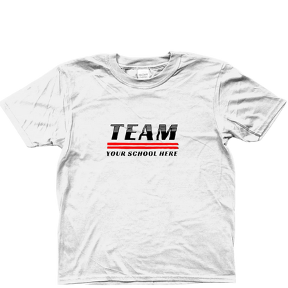 White t-shirt with 'TEAM' text and customizable school name area on a white background