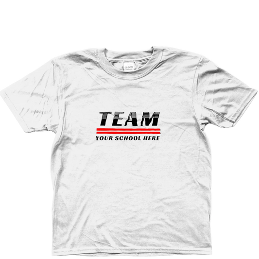 White t-shirt with 'TEAM' text and customizable school name area on a white background